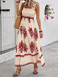 Smocked Printed Square Neck Maxi Dress