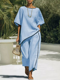 Contrast Trim Round Neck Top and Pants Set