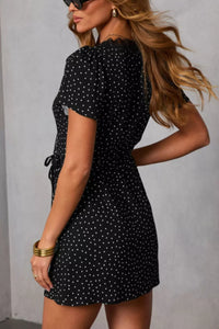 Polka Dot Print Lace Trim Wrap Mini Dress