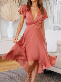 High-Low Plunge Flutter Sleeve Dress