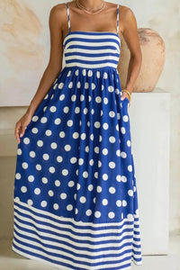 Striped Polka Dot Patchwork High Waist Spaghetti Straps Maxi Dress