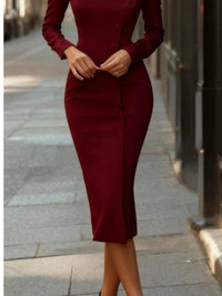 Button Front Long Sleeve Midi Dress