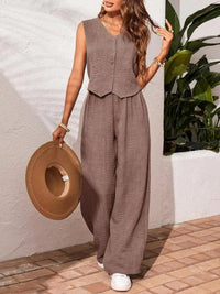Button-Down Vest & Wide Leg Pants Set