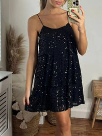 Full Size Sequin Tie Shoulder Mini Dress Plus Size
