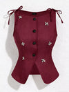 Button-Front Floral Decor Tie Shoulder Vest