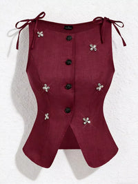 Button-Front Floral Decor Tie Shoulder Vest
