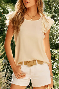 Solid Color Bow Detail Back Ruffled Sleeveless Top