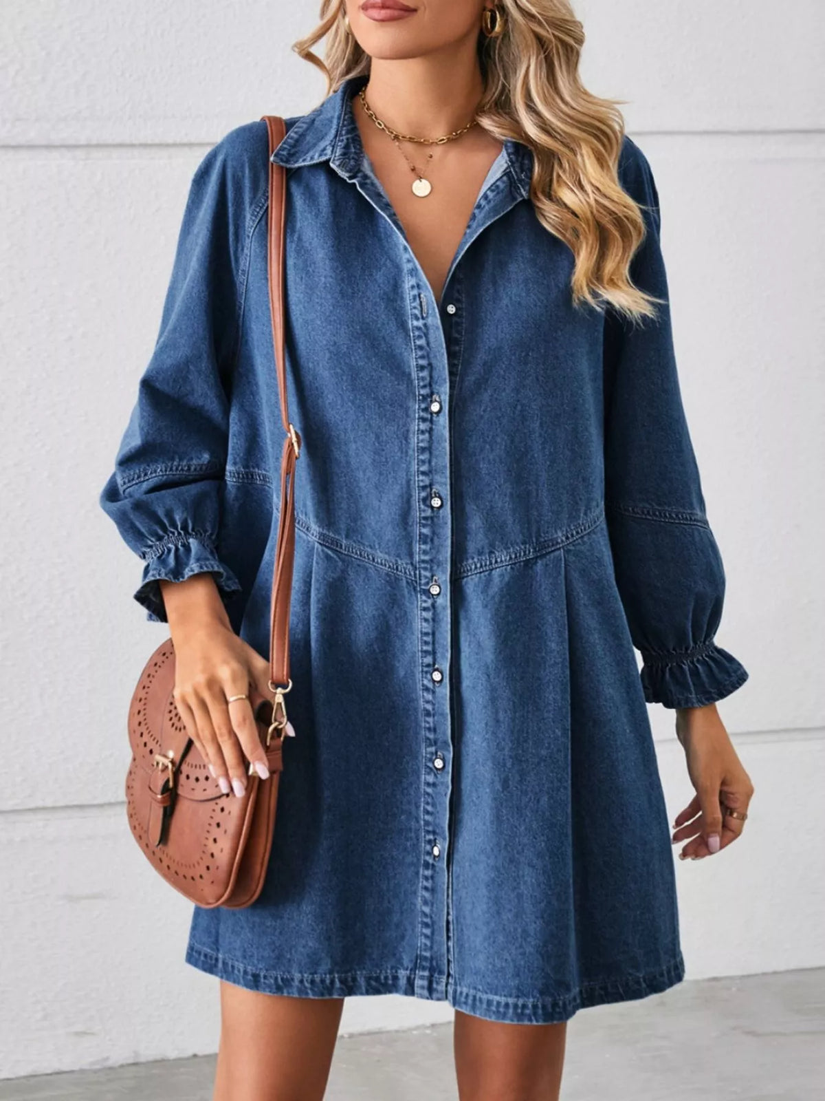 Button Down Ruffle Cuff Denim Dress