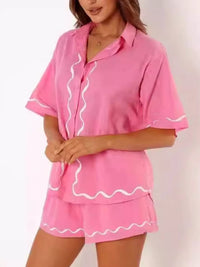 Button Down Contrast Trim Shirt and Shorts Set