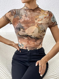 Abstract Print Ruffled Mock Neck Crop T-Shirt