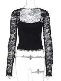 Sheer Lace Sleeve Square Neck T-Shirt