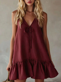 V-Neck Tie Front Ruffle Hem Mini Dress