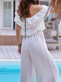 Ruffled Off Shoulder Wide Leg Jumpsuit