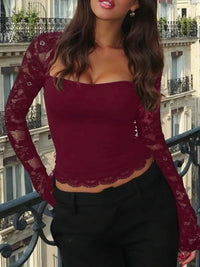 Sheer Lace Sleeve Square Neck T-Shirt