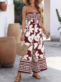 Floral Print Tie Front Strapless Wide Leg Jumpsuit